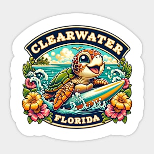 Clearwater Florida Cute Sea Turtle Surfing Sticker